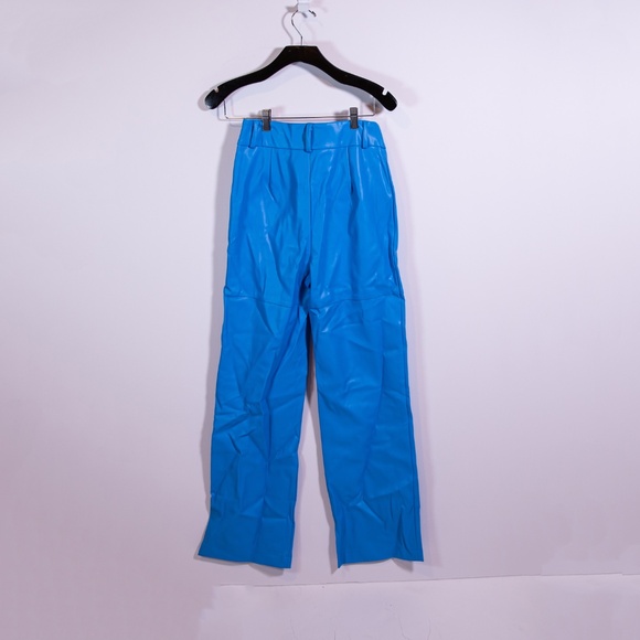 NEW Meshki Sima Faux Vegan Leather High Waist Straight Leg Pants Azure Blue M - Picture 4 of 4